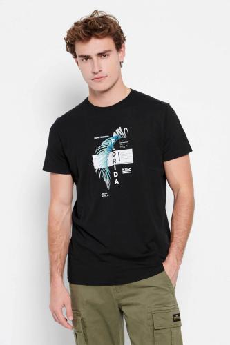 Funky Buddha ανδρικό βαμβακερό T-shirt μονόχρωμο με graphic print μπροστά - FBM007-059-04 Μαύρο M